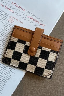 Best Dear-Lover Leather Checkered Canvas Patchwork Card Storage Wallet Coffee