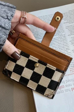 Best Dear-Lover Leather Checkered Canvas Patchwork Card Storage Wallet Coffee