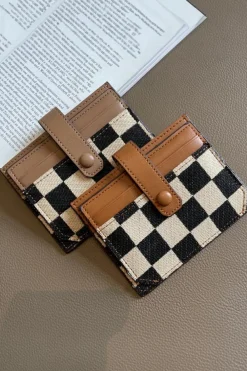 Best Dear-Lover Leather Checkered Canvas Patchwork Card Storage Wallet Coffee