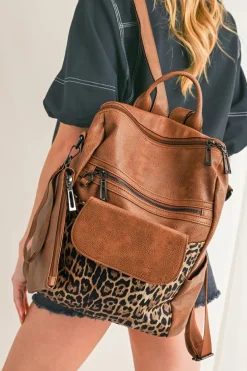 New Dear-Lover Leopard Patchwork PU Leather Functional Backpack Coffee