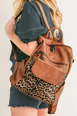 New Dear-Lover Leopard Patchwork PU Leather Functional Backpack Coffee