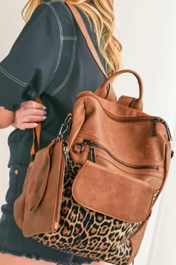 New Dear-Lover Leopard Patchwork PU Leather Functional Backpack Coffee