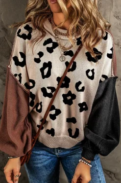Online Dear-Lover Leopard Print Colorblock Pullover Sweater Coffee