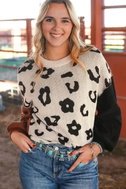 Online Dear-Lover Leopard Print Colorblock Pullover Sweater Coffee