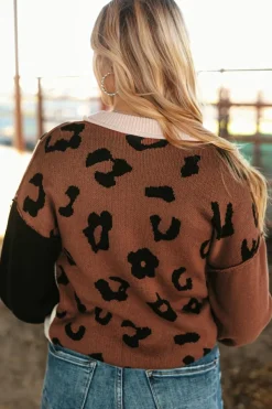 Online Dear-Lover Leopard Print Colorblock Pullover Sweater Coffee