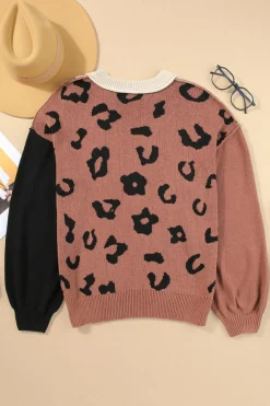 Online Dear-Lover Leopard Print Colorblock Pullover Sweater Coffee