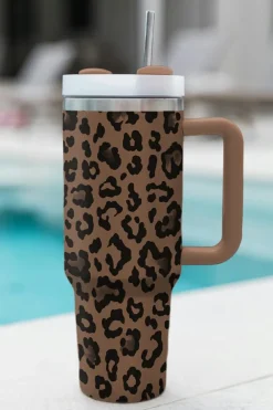 Hot Dear-Lover Leopard Print Handle Stainless Steel Large Vacuum Cup 40oz Coffee