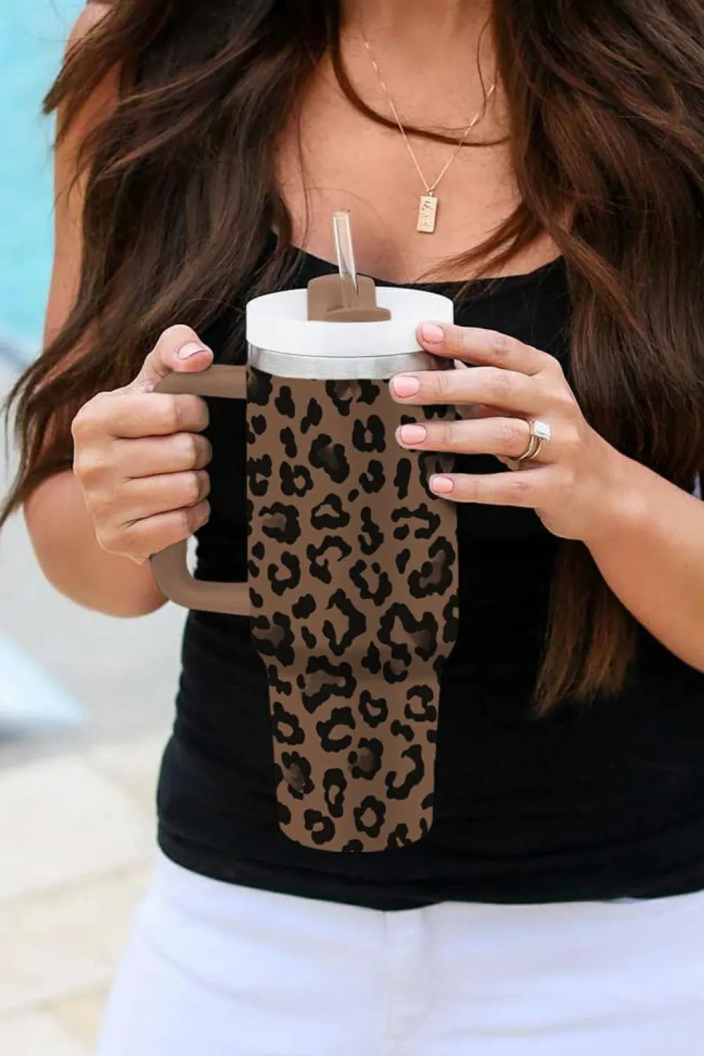 Hot Dear-Lover Leopard Print Handle Stainless Steel Large Vacuum Cup 40oz Coffee