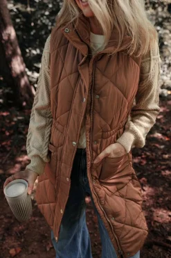 Clearance Dear-Lover Longline Quilted Stand Collar Puffer Vest Coffee