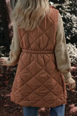Clearance Dear-Lover Longline Quilted Stand Collar Puffer Vest Coffee
