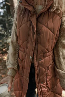 Clearance Dear-Lover Longline Quilted Stand Collar Puffer Vest Coffee