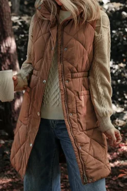 Clearance Dear-Lover Longline Quilted Stand Collar Puffer Vest Coffee