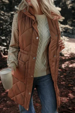 Clearance Dear-Lover Longline Quilted Stand Collar Puffer Vest Coffee