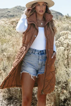 Clearance Dear-Lover Longline Quilted Stand Collar Puffer Vest Coffee