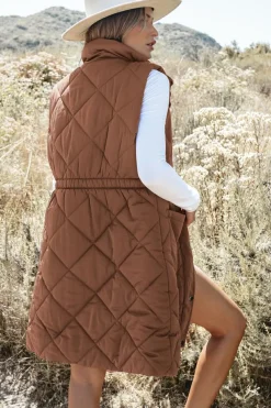 Clearance Dear-Lover Longline Quilted Stand Collar Puffer Vest Coffee