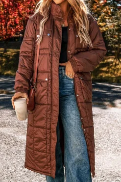Discount Dear-Lover Quilted Puffer Stand Neck Zipped Mid-length Coat Coffee