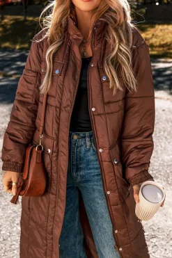 Discount Dear-Lover Quilted Puffer Stand Neck Zipped Mid-length Coat Coffee