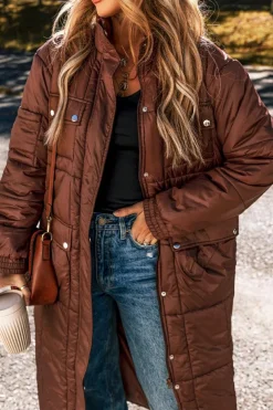 Discount Dear-Lover Quilted Puffer Stand Neck Zipped Mid-length Coat Coffee