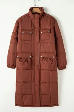 Discount Dear-Lover Quilted Puffer Stand Neck Zipped Mid-length Coat Coffee