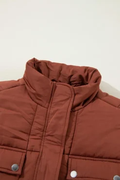 Discount Dear-Lover Quilted Puffer Stand Neck Zipped Mid-length Coat Coffee