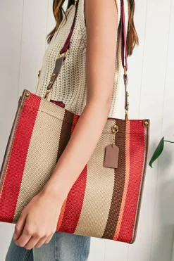 New Dear-Lover Random Cutting Color Block Canvas Large Tote Bag Coffee