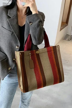 New Dear-Lover Random Cutting Color Block Canvas Large Tote Bag Coffee