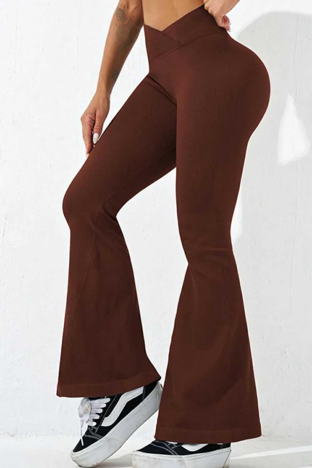 Online Dear-Lover Ribbed Cross Waistband Butt Lift Yoga Flared Leggings Coffee