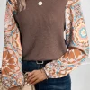 Best Dear-Lover Ruffled Floral Sleeve Patchwork Waffle Knit O Neck Blouse Coffee