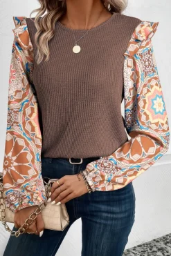 Best Dear-Lover Ruffled Floral Sleeve Patchwork Waffle Knit O Neck Blouse Coffee