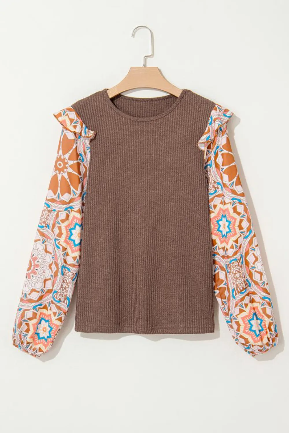 Best Dear-Lover Ruffled Floral Sleeve Patchwork Waffle Knit O Neck Blouse Coffee