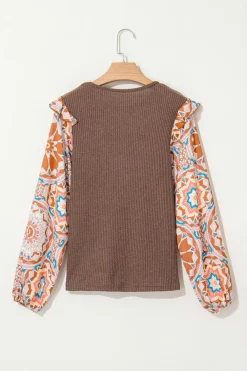 Best Dear-Lover Ruffled Floral Sleeve Patchwork Waffle Knit O Neck Blouse Coffee