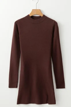 Online Dear-Lover Slim Fit Mock Neck Side Slit Sweater Dress Coffee