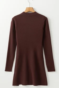 Online Dear-Lover Slim Fit Mock Neck Side Slit Sweater Dress Coffee