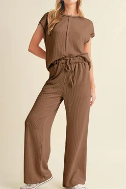Best Dear-Lover Solid Color Corded Short Sleeve Top and Casual Pants Set Coffee