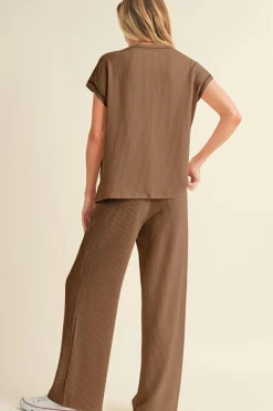 Best Dear-Lover Solid Color Corded Short Sleeve Top and Casual Pants Set Coffee