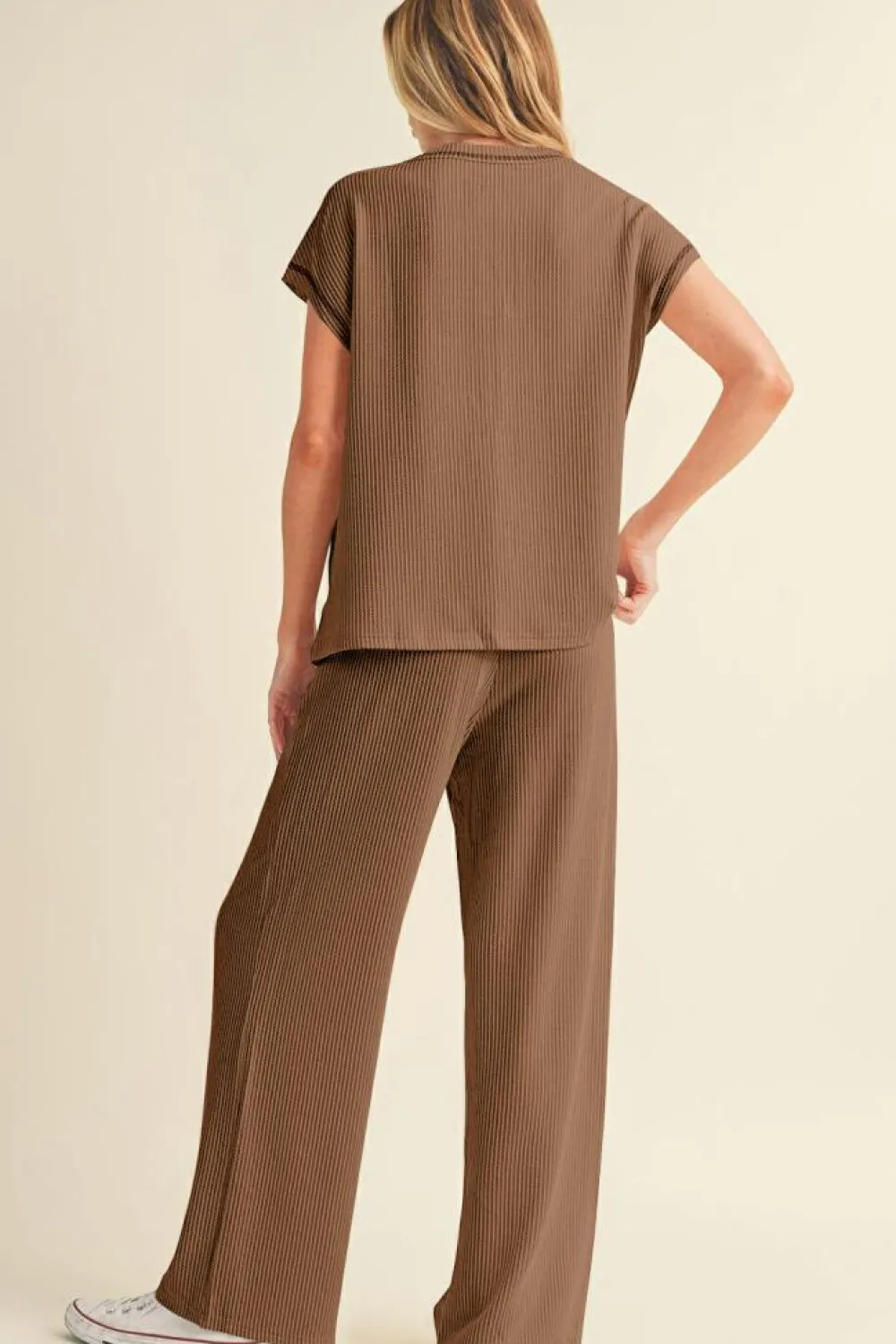Best Dear-Lover Solid Color Corded Short Sleeve Top and Casual Pants Set Coffee