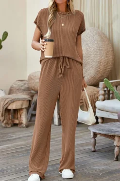 Best Dear-Lover Solid Color Corded Short Sleeve Top and Casual Pants Set Coffee