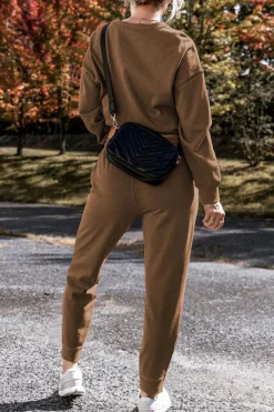 New Dear-Lover Solid Color High Low Pullover and Skinny Pants Set Coffee