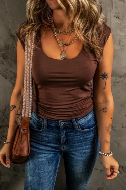 Outlet Dear-Lover Solid Color U Neck Slim Fit Tank Top Coffee