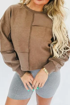 Best Dear-Lover Solid Exposed Seam Pullover Sweatshirt Coffee