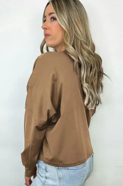Best Dear-Lover Solid Exposed Seam Pullover Sweatshirt Coffee