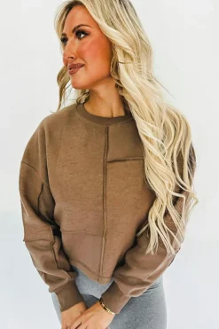 Best Dear-Lover Solid Exposed Seam Pullover Sweatshirt Coffee