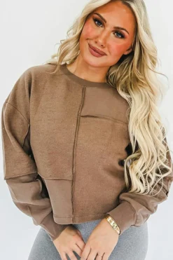 Best Dear-Lover Solid Exposed Seam Pullover Sweatshirt Coffee