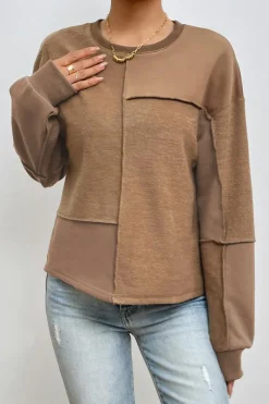 Best Dear-Lover Solid Exposed Seam Pullover Sweatshirt Coffee