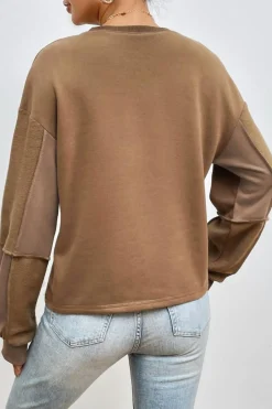 Best Dear-Lover Solid Exposed Seam Pullover Sweatshirt Coffee