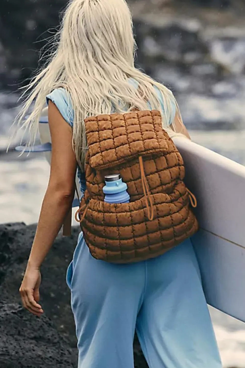 Clearance Dear-Lover Solid Flapped Quilted Puffer Backpack Coffee