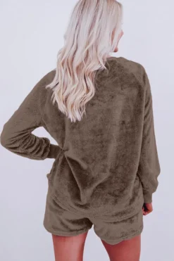 Hot Dear-Lover Solid Loose Fit Two Piece Fleece Lounge Set Coffee