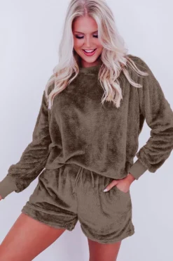 Hot Dear-Lover Solid Loose Fit Two Piece Fleece Lounge Set Coffee