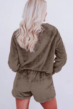 Hot Dear-Lover Solid Loose Fit Two Piece Fleece Lounge Set Coffee