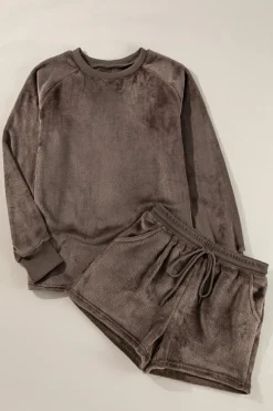 Hot Dear-Lover Solid Loose Fit Two Piece Fleece Lounge Set Coffee